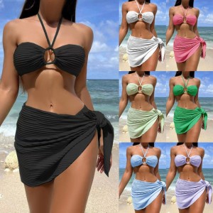Sexy Bikini Swimsuit Three-piece Set with a Sheer Skirt, Halter-neck Style, Solid Color Swimsuit for Women, Available in Stock and Multiple Colors SY816 price:$79.99